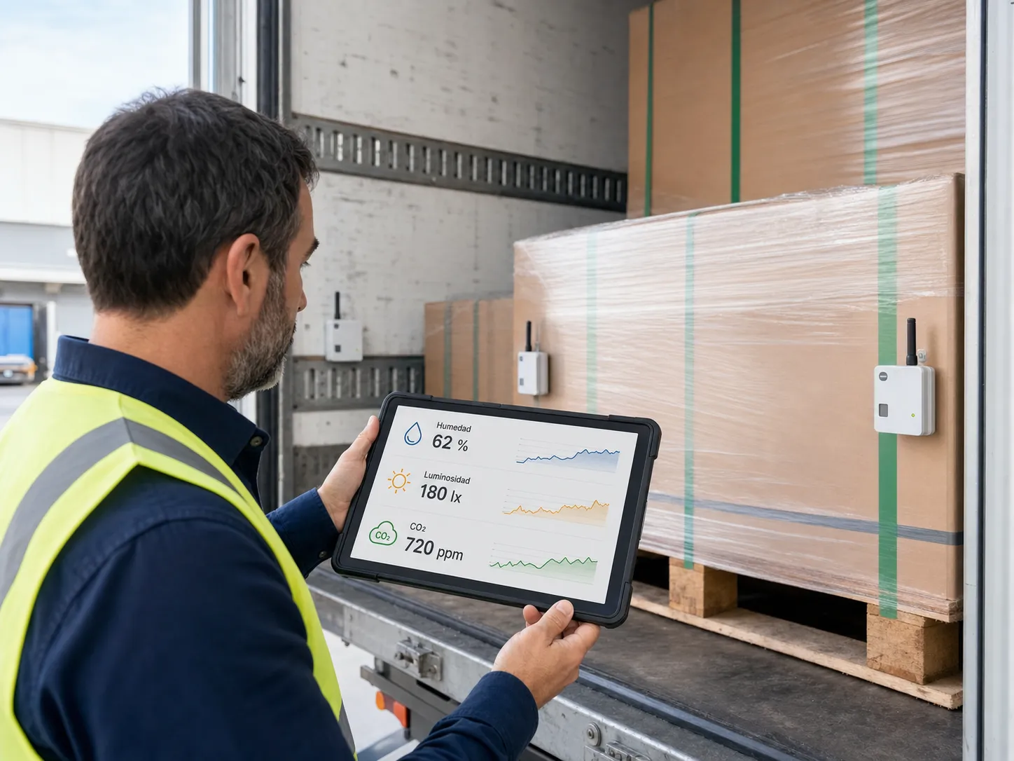 Operario revisa en una tablet la humedad, luminosidad y CO₂ de una carga paletizada con sensores IoT.