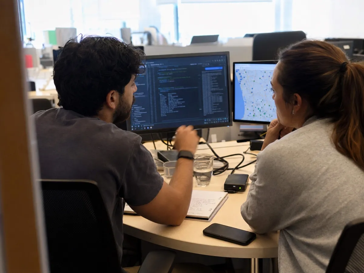 Dos personas del equipo de desarrollo trabajan frente a pantallas con código y un mapa.