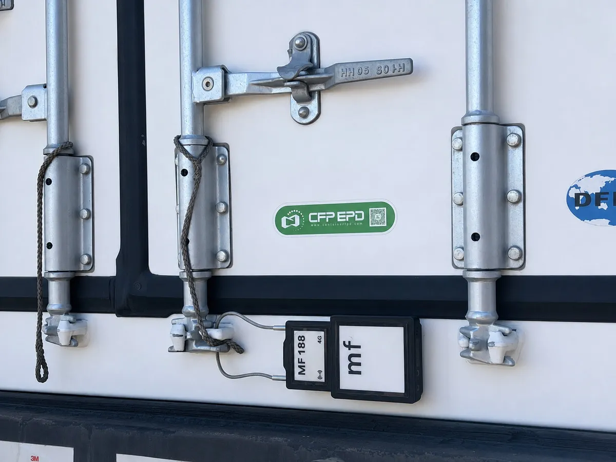 Precinto electrónico conectado instalado en la puerta de un contenedor.